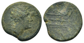 Anonymous. Æ Semiuncia (19,5mm, 5.5g). After 211 BC. Akarnania mint (Overstruck on Akarnania coin). Head of Mercury right (Apollo) R/ Prow of galley r...