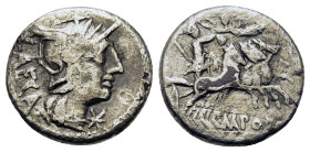 M. Porcius Laeca. 125 BC. AR Denarius (17,2mm, 3.00g.). Rome. Helmeted head of Roma right; mark of value below chin. R/ Libertas driving quadriga righ...