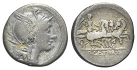 Appius Claudius Pulcher, T. Manlius Mancius and Q. Urbinius, Rome, 111-110 BC. AR Denarius (17mm, 3.65g, 3h). Helmeted head of Roma r.; quadrangular d...