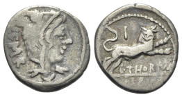 L. Thorius Balbus, Rome, c. 105 BC. AR Denarius (19mm, 3.73g, 7h). Head of Juno Lanuvium r., wearing goat skin. R/ Bull charging r.; I above. Crawford...