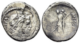 Roman Imperatorial, Mn. Cordius Rufus, Rome, 46 BC. AR Denarius (19.5mm, 3.49g, 1h). Conjoined heads of the Dioscuri r., wearing pilei with fillet sur...