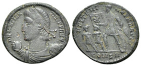 Constantius II (337-361). Æ Nummus (22mm, 2.99g, 12h). Constantinople, AD 348-351. Pearl-diademed, draped and cuirassed bust left, holding globe. R/ E...