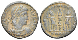 Constantius II (337-361). Æ (15mm, 1.52g, 6h). Antioch, 337-347. Laureate and cuirassed bust r. R/ Two soldiers flanking one standard; SMANS. RIC VIII...