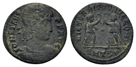 Constans (337-350). Æ Follis (1.30g, 16mm). Thessalonica, AD 347-348. CONSTANS - P F AVG, Bust of Constans, rosette-diademed, draped, cuirassed, right...