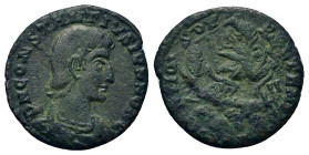 Constantius Gallus (Caesar, 351-354). Æ Follis (17mm, 1.7g). Aquileia. Bare-headed, draped cuirassed bust r. R/ Soldier spearing fallen horseman, reac...