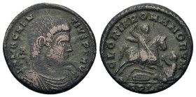 Magnentius (350-353). Æ Follis (22,2mm, 5.3g). Lugdunum. Bare-headed, draped and cuirassed bust r.; A behind. R/ Emperor galloping right (no shield) s...