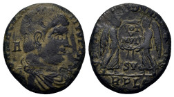 Magnentius (350-353). Æ Follis (18,6mm, 3g). Lugdunum , early-August AD 352. Bare-headed, draped, and cuirassed bust right; A behind. R/ Two Victories...