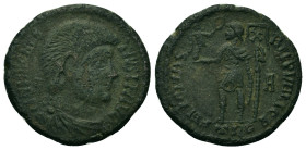 Magnentius (350-353). Æ Follis (23,8mm, 6g). Treveri. Bare-headed, draped, and cuirassed bust r. R/ Magnentius standing facing, head left, with victor...