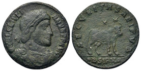 Julian II (360-363). Æ (28mm, 8.1g). Sirmium, summer AD 361-26 June 363. Pearl-diademed, draped, and cuirassed bust r. R/ Bull standing right; two sta...