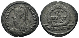 Julian (360-363). Æ (21mm, 3.3g). Heraclea, AD 361-363. Pearl-diademed, helmeted and cuirassed bust l., holding spear and shield. R/ VOT/X/MVLT/XX in ...