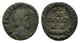 Theodosius I (379-395). Æ (11,6mm, 1.3g). Cyzicus, 378-383. Pearl-diademed, draped and cuirassed bust r. R/ VOT X MVLT XX in four lines; SMK?. RIC IX ...