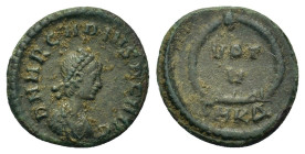 Arcadius (383-408). Æ (15mm 1,40g). Cyzicus. Æ (15mm 1,40g). D N ARCADIVS P F AVG, pearl-diademed, draped, and cuirassed bust right. R/ VOT V within w...