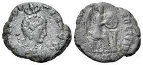 Aelia Eudoxia (Augusta, 400-404). Æ (15mm, 1.91g, 5h). Antioch(?). Pearl-diademed and draped bust r., being crowned by manus Dei. R/ Victory seated r....