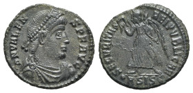 Valens (364-378). Æ (18.5mm, 2.26g, 12h). Siscia, 364-7. Pearl-diademed, draped and cuirassed bust r. R/ Victory advancing l., holding wreath and palm...