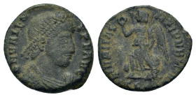 Valens (364-378). Æ Follis (16mm, 2.40g). Thessalonica. D N VALENS P F AVG Diademed, draped and cuirassed bust r. R/ Victory advancing l. with palm br...