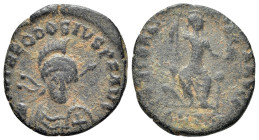 Theodosius II (402-450). Æ (16mm, 1.68g, 6h). Antioch. Helmeted, diademed and cuirassed bust facing slightly r., holding shield and spear. R/ Concordi...