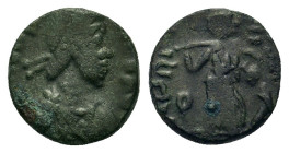 Johannes (Usurper, AD 423-425). Æ (10,6mm, 1.1g). Rome mint, 4th officina. Pearl-diademed, draped, and cuirassed bust right. R/ Victory advancing left...