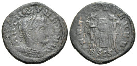 Barbaric issue, imitating a Siscia issue of Constantine I, c. 4th-5th century. Æ (18mm, 3.09g, 6h). Laureate, helmeted and cuirassed bust r. R/ Two vi...