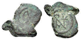 Anastasius I (491-518). Æ Nummus (12mm, 0.88g, 6h). Constantinople, 491-498. Diademed, draped and cuirassed bust r. R/ Monogram of Anastasius. MIBE 40...