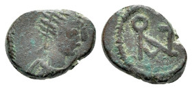 Anastasius I (491-518). Æ Nummus (8mm, 0.78g, 6h). Constantinople, 491-498. Diademed, draped and cuirassed bust r. R/ Monogram of Anastasius. MIBE 40;...