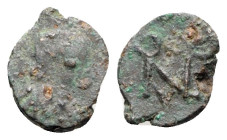 Anastasius I (491-518). Æ Nummus (11mm, 0.59g, 6h). Constantinople, 491-498. Diademed, draped and cuirassed bust r. R/ Monogram of Anastasius. MIBE 40...