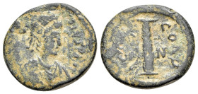 Anastasius I (491-518). Æ 10 Nummi (16mm, 2.74g, 1h). Constantinople. Diademed, draped and cuirassed bust r. R/ Large I; N to inner l. Sear 27. Near V...