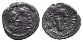 Maurice Tiberius ? (582-602). Overstruck Æ 10 Nummi (17.5mm, 2.34g). Bust r. R/ Large I. VF