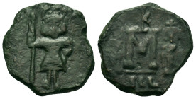 Constantine IV (). Æ 40 Nummi (21,3mm, 5.8g). Syracuse, AD 677-680. Emperor standing facing, holding spear. R/ Large M; standing facing figures of Her...