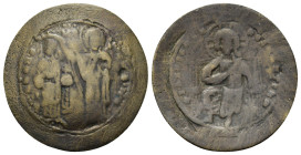 Alexius I Comnenus (1081 – 1118, with colleagues from 1092). Æ Trachy (25,2mm, 2.8g). Christ enthroned facing, with crossed nimbus, wearing pallium an...