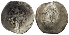 Isaac II (First reign, 1185-1195). Æ Trachy (25,6mm, 2.3g). Constantinople. The Theotokos seated facing on throne, holding head of Holy Infant on lap....