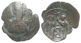 Andronicus II Palaeologus (1282-1328). Æ Trachy (23mm, 2.21g, 6h). Thessalonica. Facing bust of St. Demetrius, holding small cross to chest. R/ Andron...