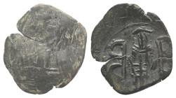 Andronicus II Palaeologus (1282-1328). Æ Trachy (19mm, 1.34g). Thessalonica. Large six-pointed petal star. R/ Andronicus standing facing, flanked by t...