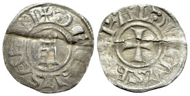 Latin Kingdom of Jerusalem. Baldwin III (1143-1163). BI Denier (17mm, 0.90g). Jerusalem. Cross pattée. R/ Tower of David. CCS 10. Flan bent, Good Fine...