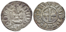 Achaea, Philippe de Taranto (1307-1313). BI Denier (19mm, 0.58g, 7h). Corinth. Cross pattée. R/ Château tournois. Metcalf, Crusades 979-982. VF