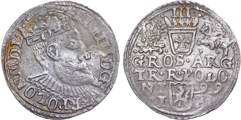 POLEN. KÖNIGREICH. Sigismund III Vasa

3 Groschen 1599 Olkusz

Kop 1136

2,38g, ...