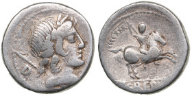 Roman Republic (Rome) AR Denarius, 82 BC – P. Crepusius
3.62g. 17mm. F/VF.Obv.: Laureate head of Apollo right, sceptre and letter D over shoulder.
Rev...