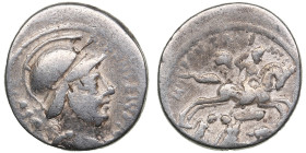 Roman Republic (Rome) AR Denarius, 55 BC – P. Fonteius P.f. Capito
3.87g. 18mm. F/VF.Obv.: Helmeted and draped bust of Mars right, with trophy over sh...