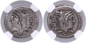 Roman Republic (Rome) AR Brockage Denarius 105 BC - L. Thorius Balbus - NGC VF
A fantastic example of this remarkable mint error type, well-centered a...