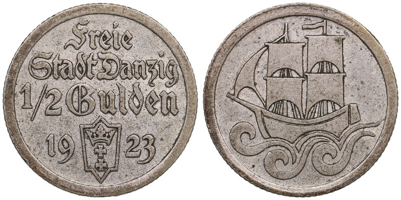 Danzig (Poland) 1/2 Gulden 1923
2.48g. XF/XF. AKS 16; Jaeger D6; KM144.