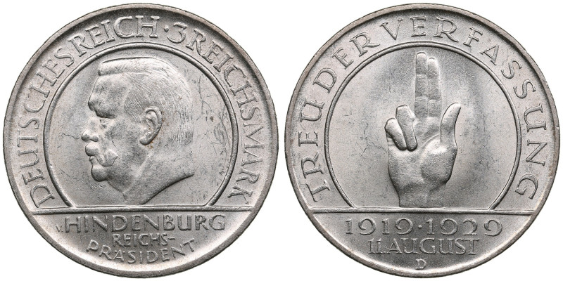 Germany (Weimar Republic) 3 Reichsmarks 1929 D - 10th Anniversary of Weimar Cons...