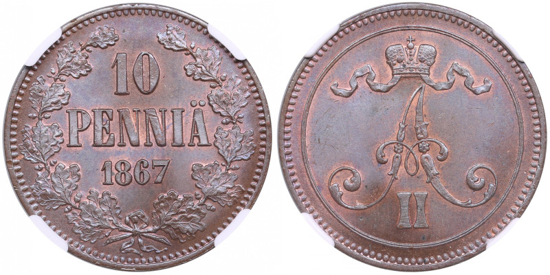 Finland (Russia) 10 Penniä 1867 - Alexander II (1855-1881) - NGC MS 65 BN
TOP PO...