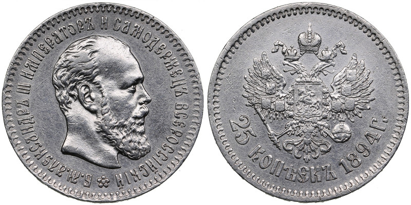 Russia 25 Kopecks 1894 АГ - Alexander III (1881-1894)
4.97g. AU/AU. An attractiv...