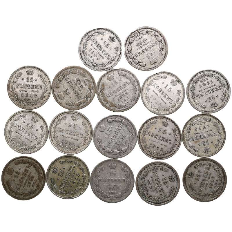 Group of Russian 15 Kopecks (17) - Nicholas II (1894-1917)
Various condition. In...