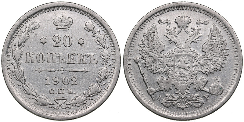 Russia 20 Kopecks 1902 СПБ-AP - Nicholas II (1894-1917)
3.44g. XF-/XF-. Key year...