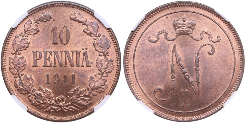 Finland (Russia) 10 Penniä 1911 - Nicholas II (1894-1917) - NGC MS 63 RB
A magni...