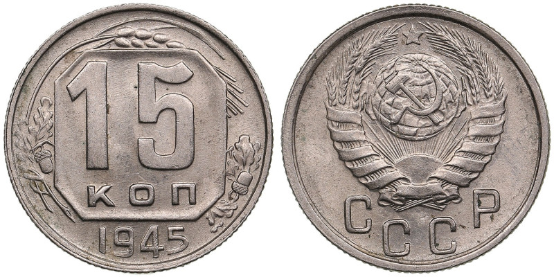 Russia (USSR) 15 Kopecks 1945
2.82g. UNC/UNC. Mint luster with perfect relief de...