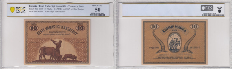 Estonia 10 Marka 1919 - PCGS 50 ABOUT UNC
TOP POP. The highest and only one grad...