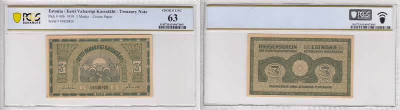 Estonia 3 Marka 1919 - PCGS 63 CHOICE UNC
Only 2 exemplars certified finer by PC...