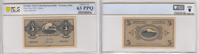 Estonia 5 Marka 1919 - PCGS 63 PPQ CHOICE UNC
TOP POP. The highest graded in PCG...