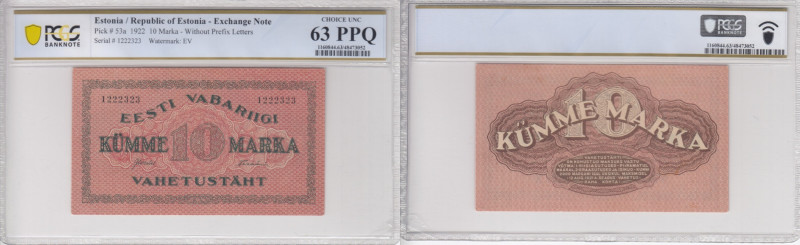 Estonia 10 Marka 1922 - PCGS 63 PPQ CHOICE UNC
Only one exemplar certified finer...